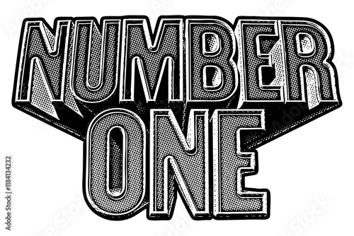 Words ‘Number One’ written in three-dimensional one-point perspective retro extruded block letters with grainy vintage halftone texture