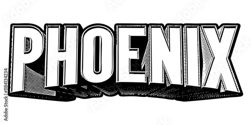 ‘Phoenix’ written in three-dimensional one-point perspective retro extruded block letters with grainy vintage halftone texture