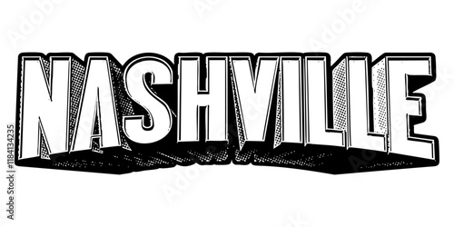 ‘Nashville’ written in three-dimensional one-point perspective retro extruded block letters with grainy vintage halftone texture