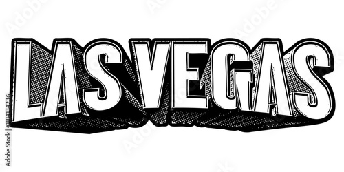 ‘Las Vegas’ written in three-dimensional one-point perspective retro extruded block letters with grainy vintage halftone texture