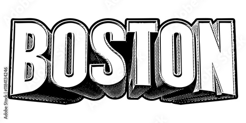 ‘Boston’ written in three-dimensional one-point perspective retro extruded block letters with grainy vintage halftone texture