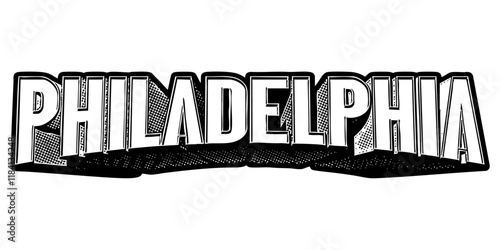 ‘Philadelphia’ written in three-dimensional one-point perspective retro extruded block letters with grainy vintage halftone texture