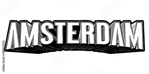‘Amsterdam’ written in three-dimensional one-point perspective retro extruded block letters with grainy vintage halftone texture