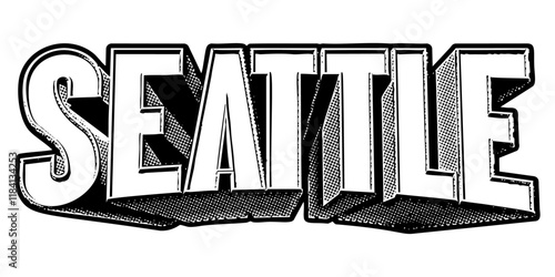 ‘Seattle’ written in three-dimensional one-point perspective retro extruded block letters with grainy vintage halftone texture