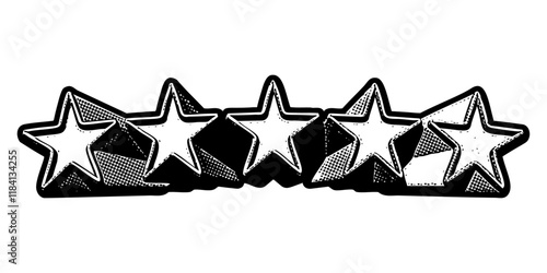 Five stars in three-dimensional one-point perspective retro extruded block graphic style with grainy vintage halftone texture