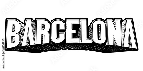 ‘Barcelona’ written in three-dimensional one-point perspective retro extruded block letters with grainy vintage halftone texture