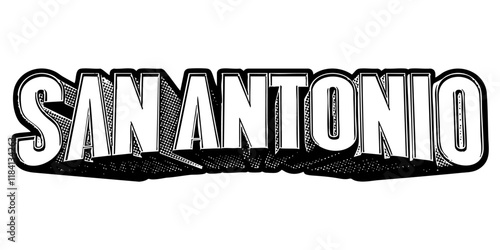 ‘San Antonio’ written in three-dimensional one-point perspective retro extruded block letters with grainy vintage halftone texture
