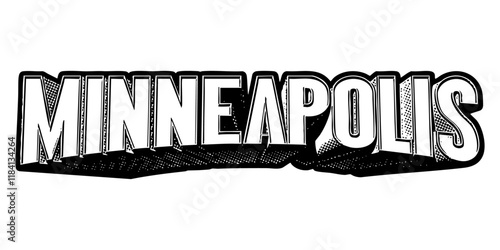 ‘Minneapolis’ written in three-dimensional one-point perspective retro extruded block letters with grainy vintage halftone texture