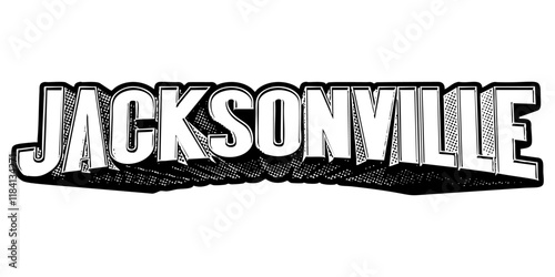 ‘Jacksonville’ written in three-dimensional one-point perspective retro extruded block letters with grainy vintage halftone texture