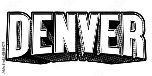 ‘Denver’ written in three-dimensional one-point perspective retro extruded block letters with grainy vintage halftone texture