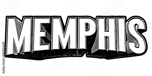 ‘Memphis’ written in three-dimensional one-point perspective retro extruded block letters with grainy vintage halftone texture