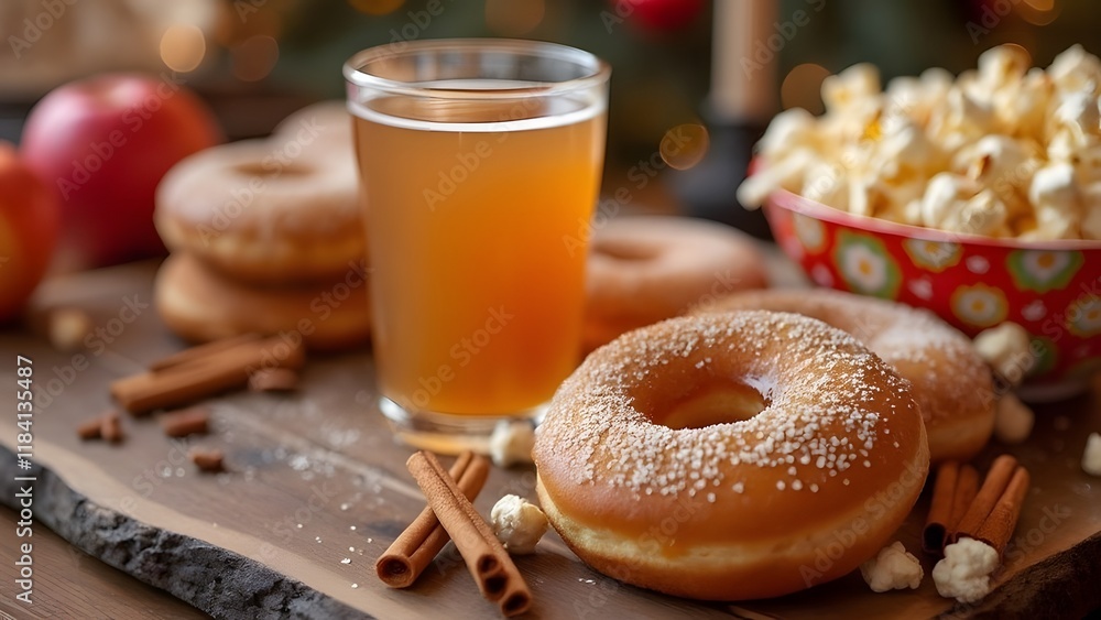 Warm Apple Cider, Cinnamon Donuts, and Caramel Popcorn, Autumnal Treats Still Life Photography Warm Apple Cider, Cinnamon Donuts, and Caramel Popcorn, Autumnal Treats Still Life Photography