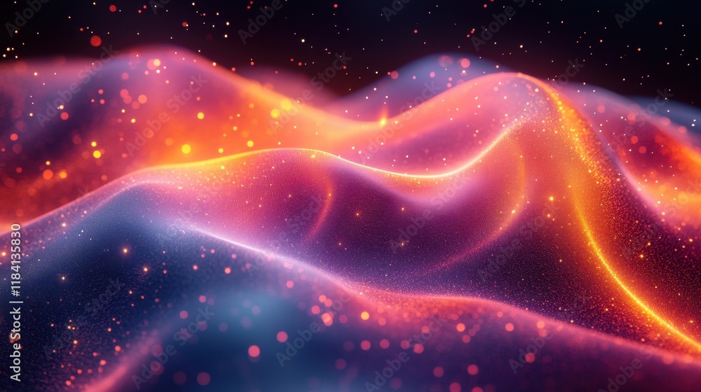 Fototapeta premium Abstract Cosmic Landscape: Vibrant Nebula with Glowing Particles and Energy Waves