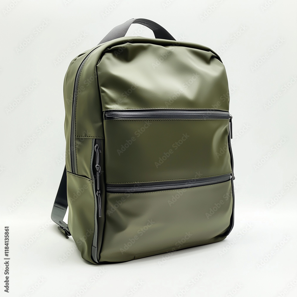 Fototapeta premium Modern Olive Green Backpack with Sleek Design and Gray Shoulder Straps on White Background
