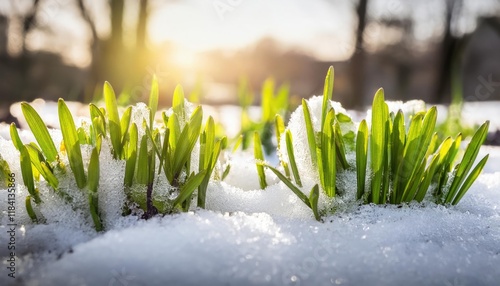 Green grass growing under melting snow at sunrise, end of winter, spring snow melt and plants waking up