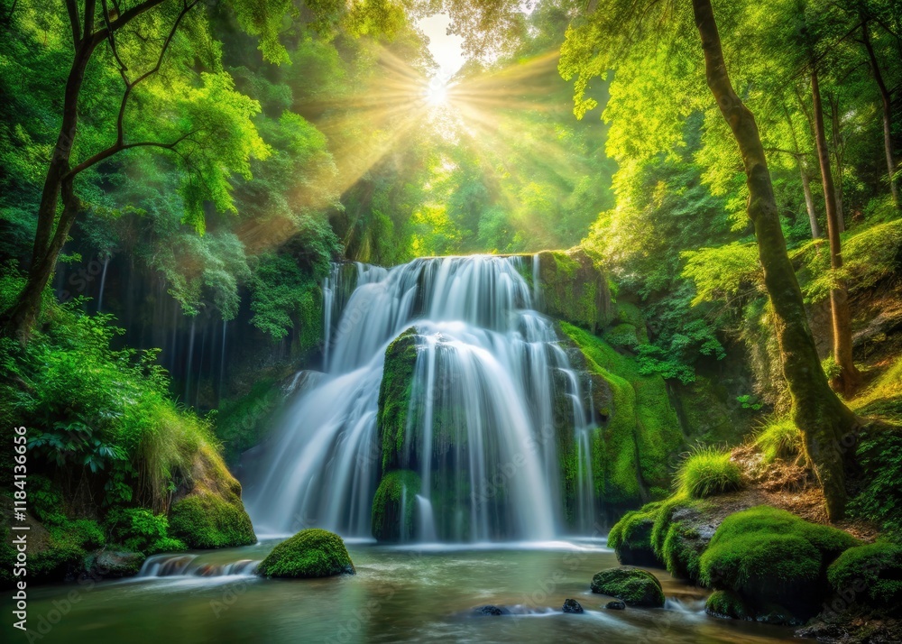 Lush green canopy frames a tranquil waterfall, a peaceful forest scene. Lush green canopy frames a tranquil waterfall, a peaceful forest scene.