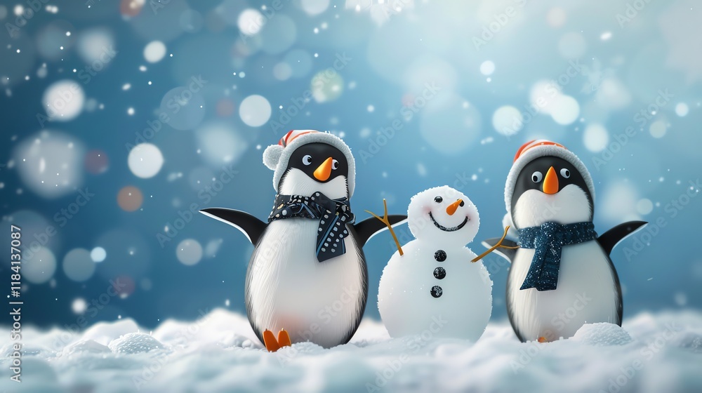 A cute illustration of two penguins and a snowman in the snow. A cute illustration of two penguins and a snowman in the snow.