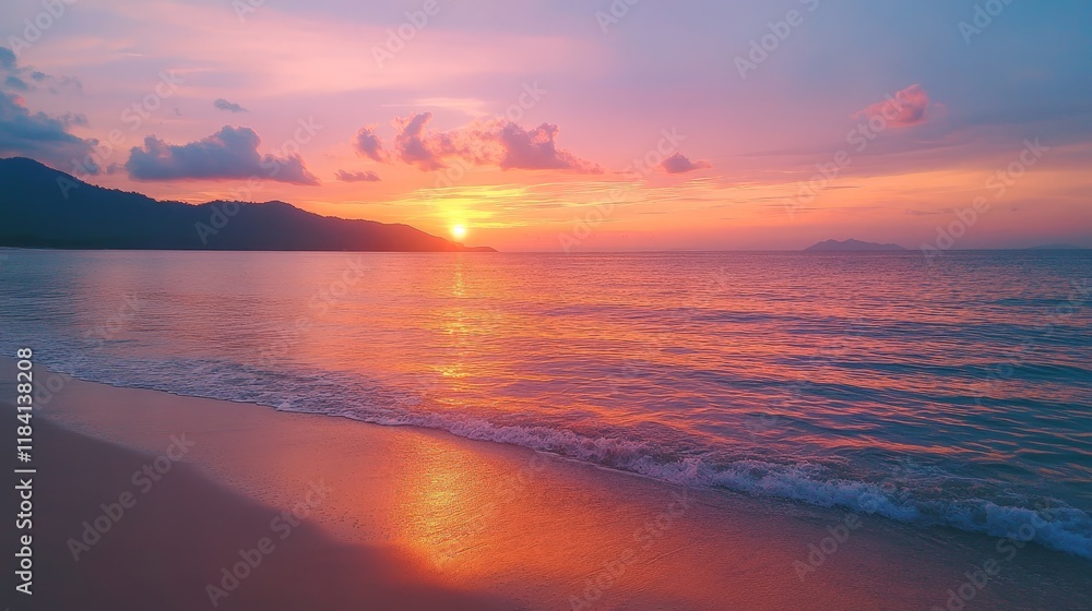 A vibrant sunset over a tranquil beach horizon with vivid colors reflecting on the water and the sand. A vibrant sunset over a tranquil beach horizon with vivid colors reflecting on the water and the sand.