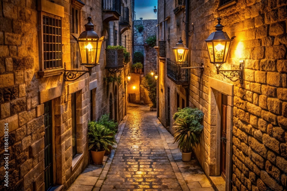 Night's embrace: glowing lanterns cast warm light on an intricate Asian alley, captured from above in a stunning cityscape drone shot. Night's embrace: glowing lanterns cast warm light on an intricate Asian alley, captured from above in a stunning cityscape drone shot.