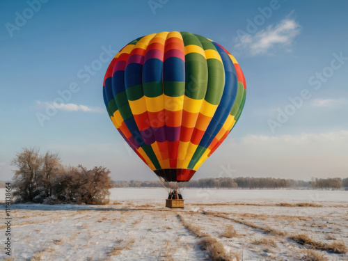 Un colorido globo aerostático en un hermoso paisaje nevado
 photo