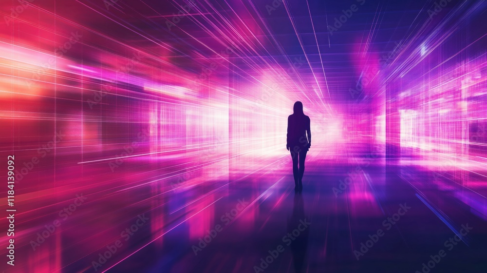 A woman walks in the background vibrant tones of purple, pink, and red. Motion blur effects A woman walks in the background vibrant tones of purple, pink, and red. Motion blur effects