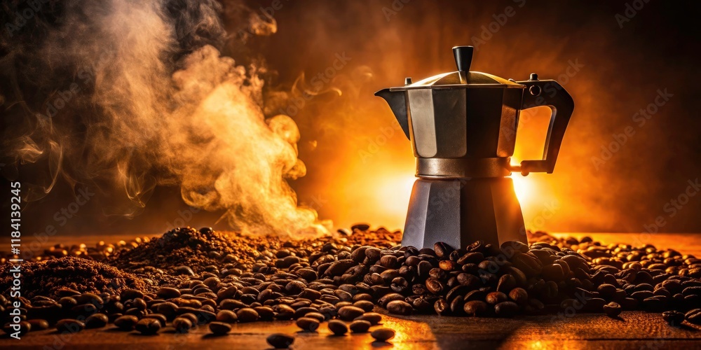Silhouetted moka pot, top-down shot, brewing rich, dark roast espresso. Silhouetted moka pot, top-down shot, brewing rich, dark roast espresso.