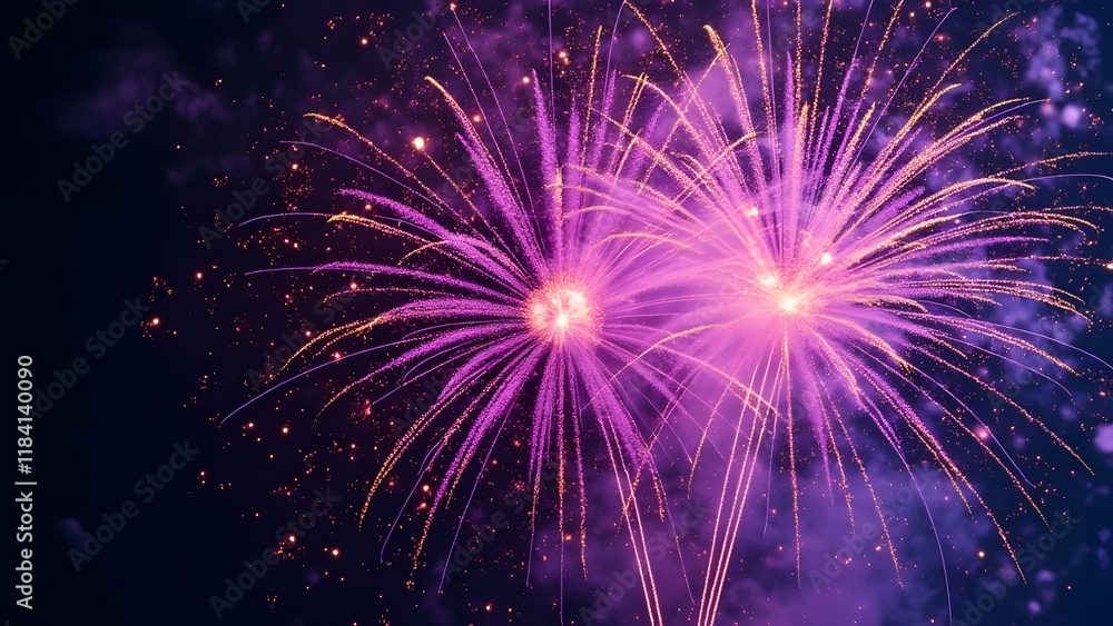 Fototapeta premium Stunning Lavender Fireworks, Vibrant Purple and Pink Explosions Against a Black Night Sky