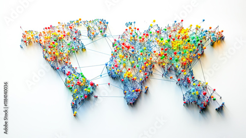 Artistic representation of a colorful world map crafted from vibrant thread and pins showcasing global connections and creativity