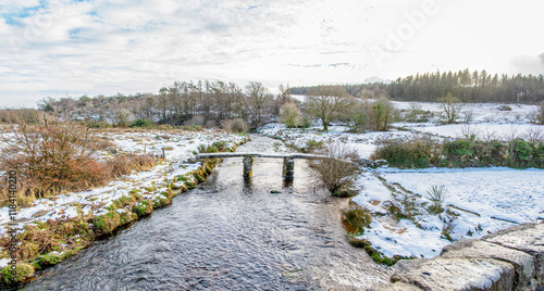 Dartmoor winter snow scene showing Postbridge in the Dartmoor national park.  photo