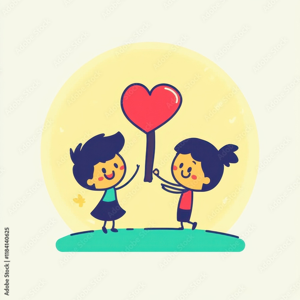 Cheerful Children Holding Heart-Shaped Balloon in Bright and Playful Style, Illustrating Friendship and Joyful Connection on a Simple Background Cheerful Children Holding Heart-Shaped Balloon in Bright and Playful Style, Illustrating Friendship and Joyful Connection on a Simple Background