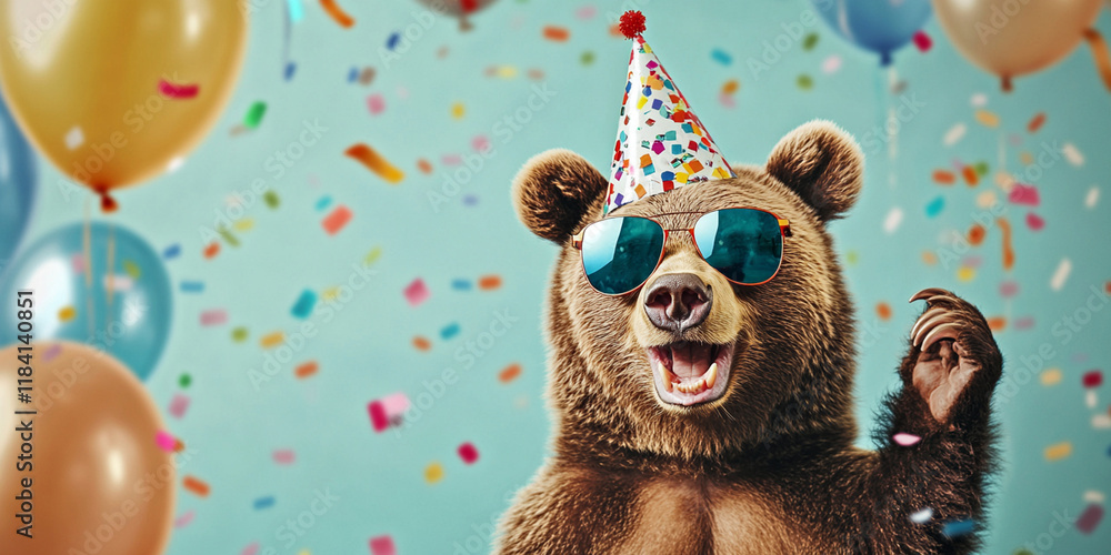 Naklejka premium Party animal! Colorful photp of funny, happy grizzly bear on aqua blue background. Ballons, confetti, happy mood. Birthday celebration horizontal banner,