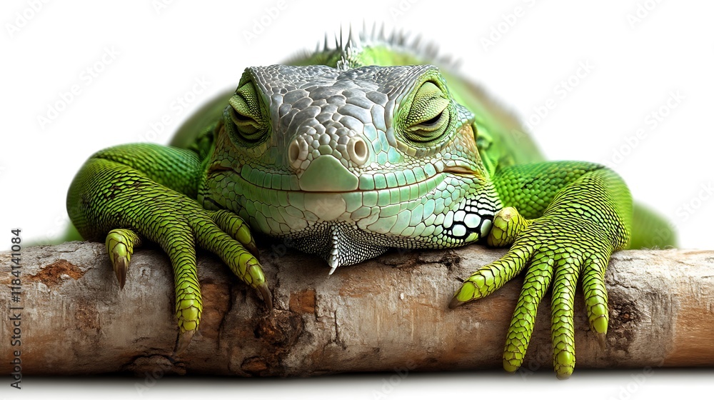 Fototapeta premium Serene Green Iguana Resting on Wood: A Peaceful Reptile Portrait