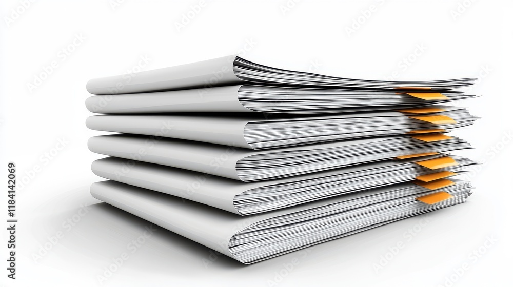 Stacked Documents on a White Background with Orange Tabs for Organization Stacked Documents on a White Background with Orange Tabs for Organization