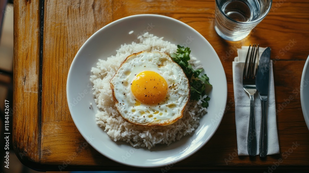 A hearty breakfast of fried egg over rice with a glass of water on a warm wooden dining table, top view. A hearty breakfast of fried egg over rice with a glass of water on a warm wooden dining table, top view.