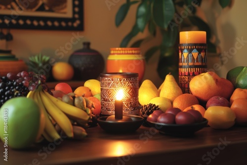 delightful Kwanzaa celebration in a cozy living room, featuring a lit kinara, traditional African decorations, and a rich display of fruits representing prosperity photo