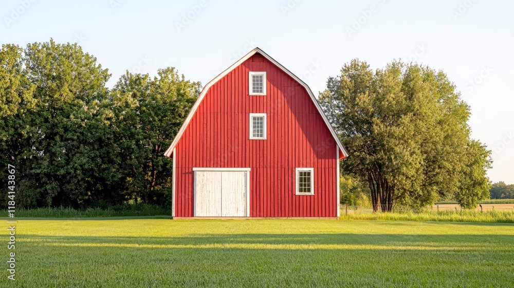 Charming Red Barn Surrounded by Lush Green Fields and Trees Under Clear Blue Sky Charming Red Barn Surrounded by Lush Green Fields and Trees Under Clear Blue Sky