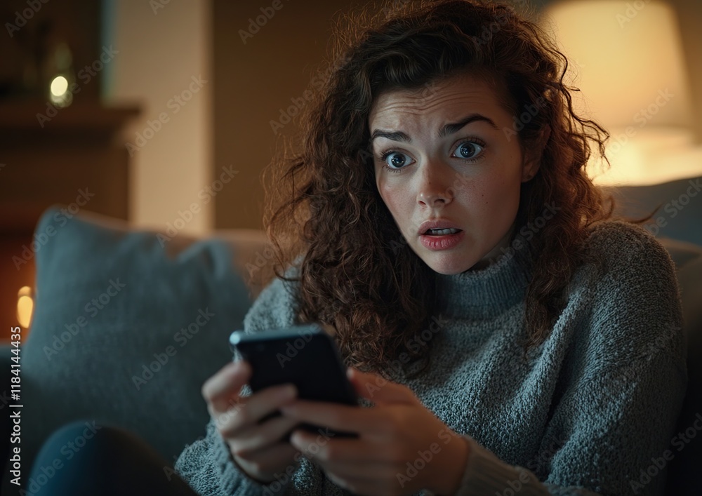 Woman Reacts with Shock to Unexpected News on Her Phone at Night Woman Reacts with Shock to Unexpected News on Her Phone at Night