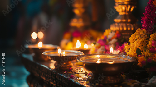 Maha Shivaratri, Hindu devotees praying inside a temple decorated with oil lamps and brightly colored flowers. Ai generated images. photo