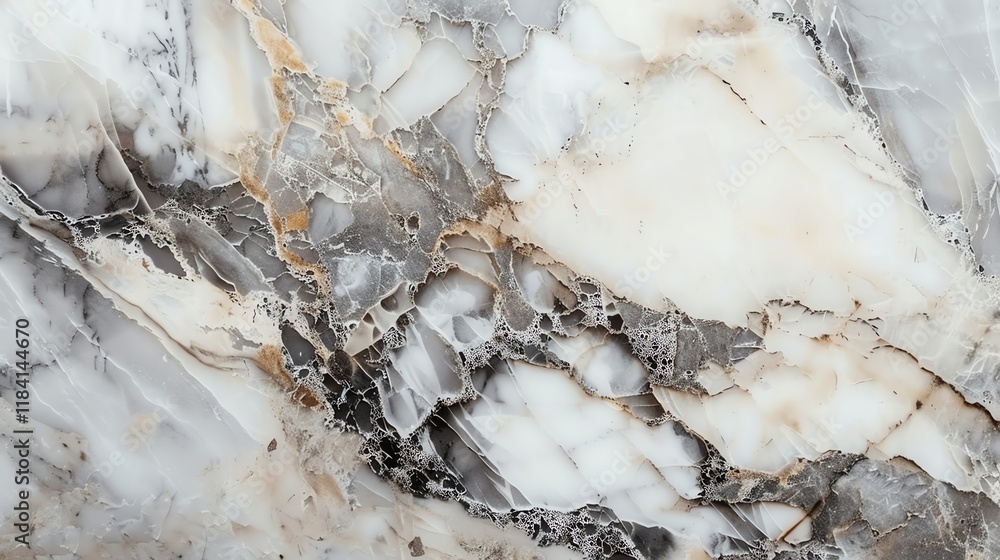 A close-up shot of a marble surface with gray, white, and brown swirls. A close-up shot of a marble surface with gray, white, and brown swirls.