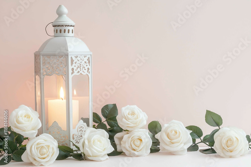 An Arabic lantern of Ramadan with roses and candlelight, against a Soft background, a Beautiful Arabic Lantern for the Ramadan Kareem celebration, with copy space for text. Generative Ai photo