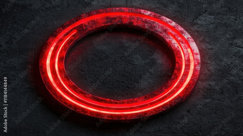 Glowing Red Neon Circle Frame on Dark Concrete Background