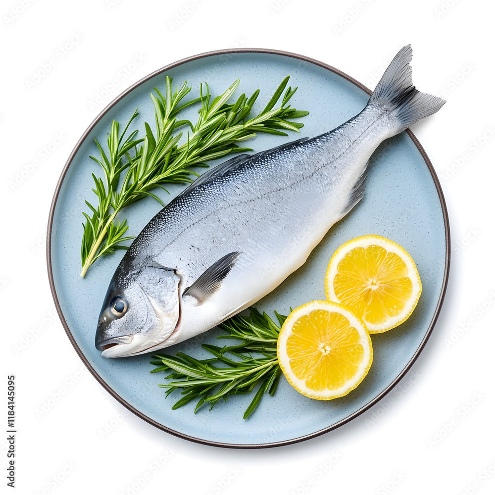 Fresh Raw Whole Sea Fish with Lemon on plate top view isolated on white background Fresh Raw Whole Sea Fish with Lemon on plate top view isolated on white background