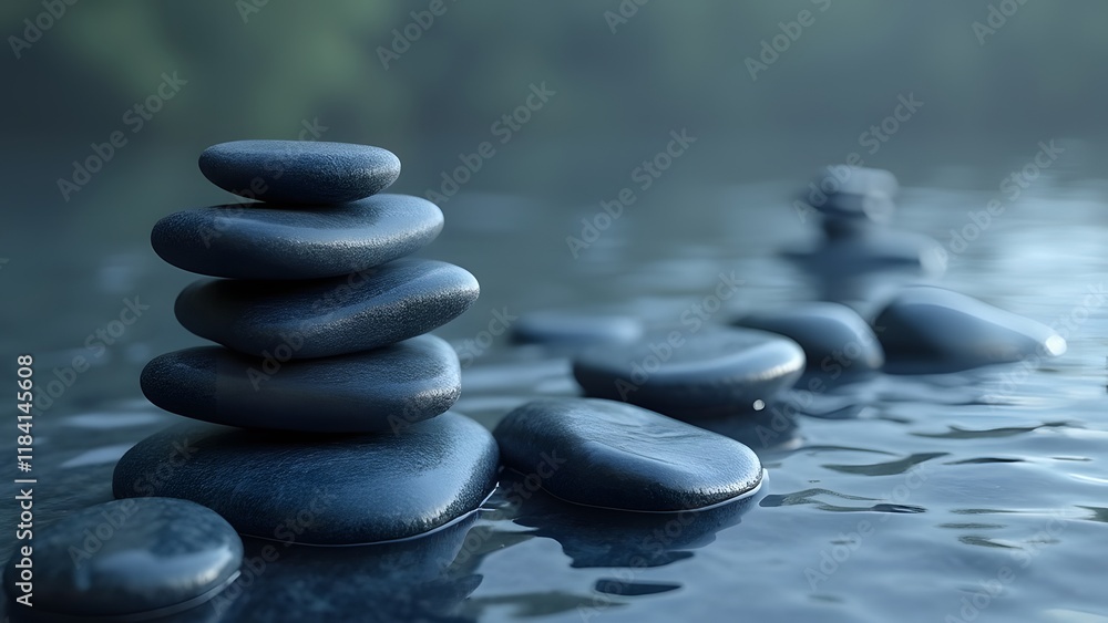 Serene Stacked Stones in Navy Water, Zen Garden Tranquility Scene - Peaceful Rock Arrangement Serene Stacked Stones in Navy Water, Zen Garden Tranquility Scene - Peaceful Rock Arrangement