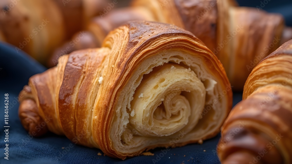 Fototapeta premium Artisan Bakery Croissant, Close-up of Flaky, Buttery Layers in Navy Blue