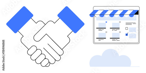 Two hands shaking signifying partnership beside an online storefront interface and a cloud icon. Ideal for e-commerce, digital contracts, partnerships, online businesses, cloud computing, internet