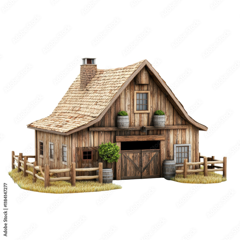 Rustic wooden barn with fenced yard and greenery Rustic wooden barn with fenced yard and greenery
