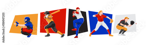 Set of female baseball player character with different poses. Isolated on white background. Flat vector illustration.