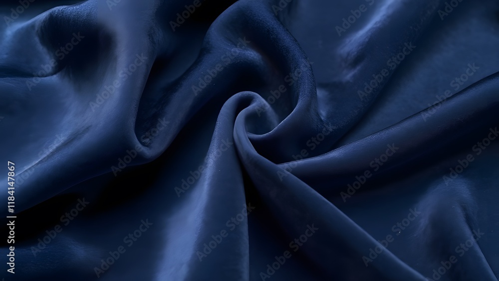 Fototapeta premium Luxurious Navy Blue Silk and Velvet Fabric Texture, Close-Up Drape of High-End Textiles