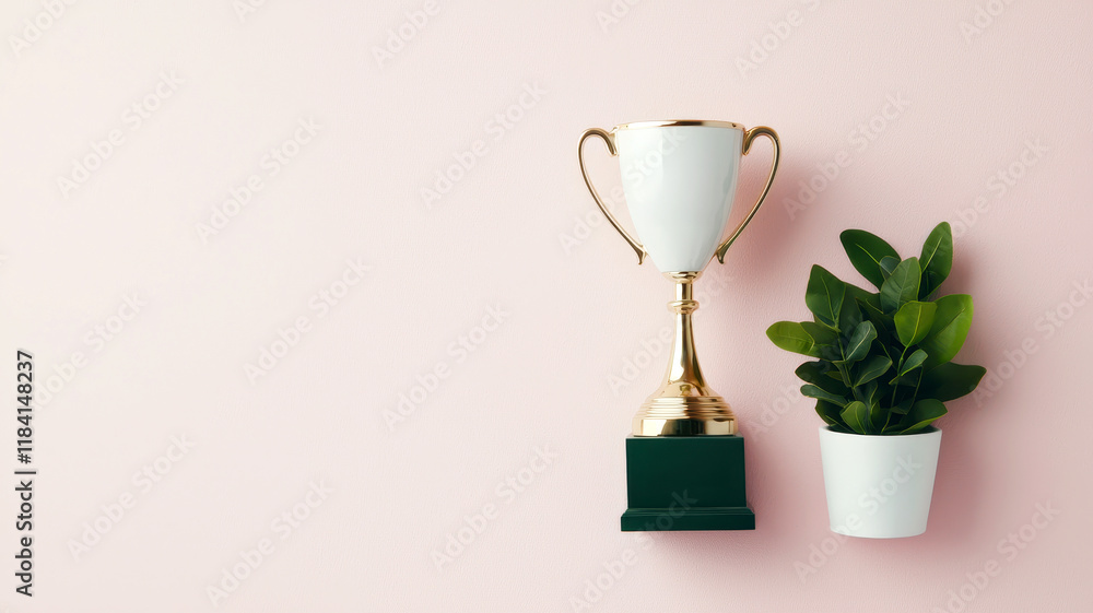 Fototapeta premium Trophy and plant on a pastel background, symbolizing achievement and growth.