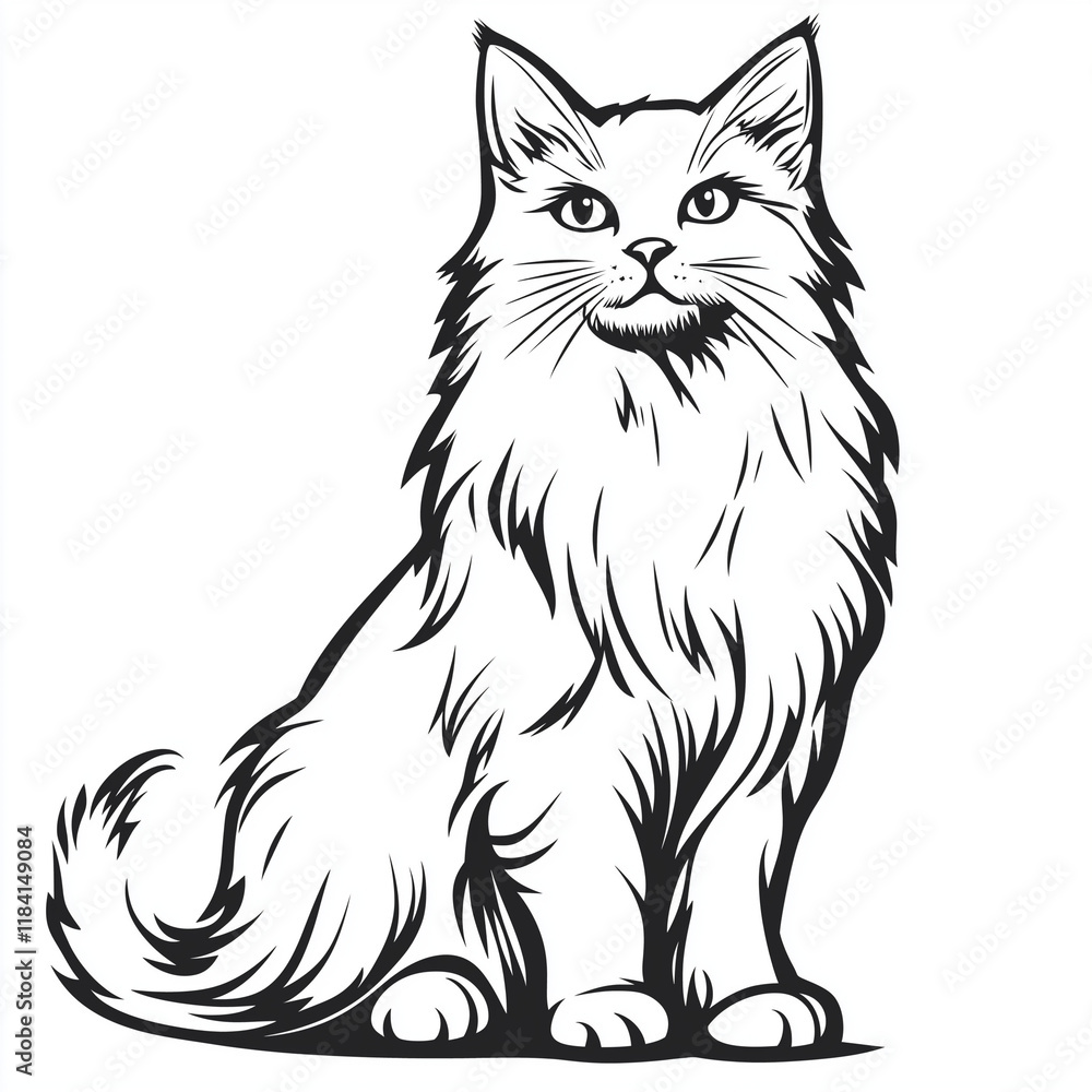 Simple line drawing of a Norwegian Forest Cat full body on a white background, Simple line drawing of a Norwegian Forest Cat full body on a white background,